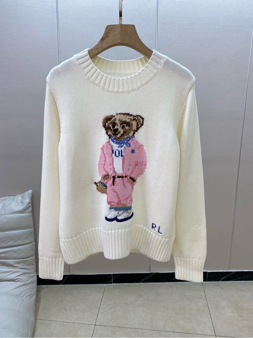 Polo by Ralph Lauren Cream Crewneck Sweater with Bear Intarsia in Pink